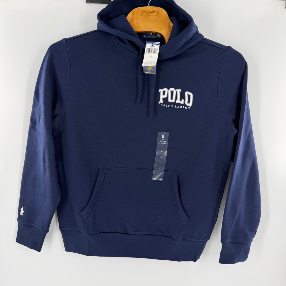 Polo Ralph Lauren Mens Navy Blue Logo Graphic Fleece Hoodie Sweatshirt Large NWT
